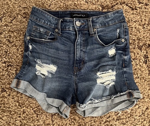 Aeropostale Shorts Sz 2 Jean Super Hi-Rise Midi Distressed Blue Denim Stretch