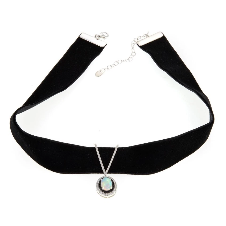 Womens Ethiopian Black Opal, Sterling Silver & Velvet Choker Necklace, New - Imagem 4 de 4