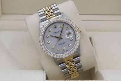 Rolex Datejust 36mm Custom 3ct VS Diamond Bezel & Grey Jubilee Dial T/T Quickset