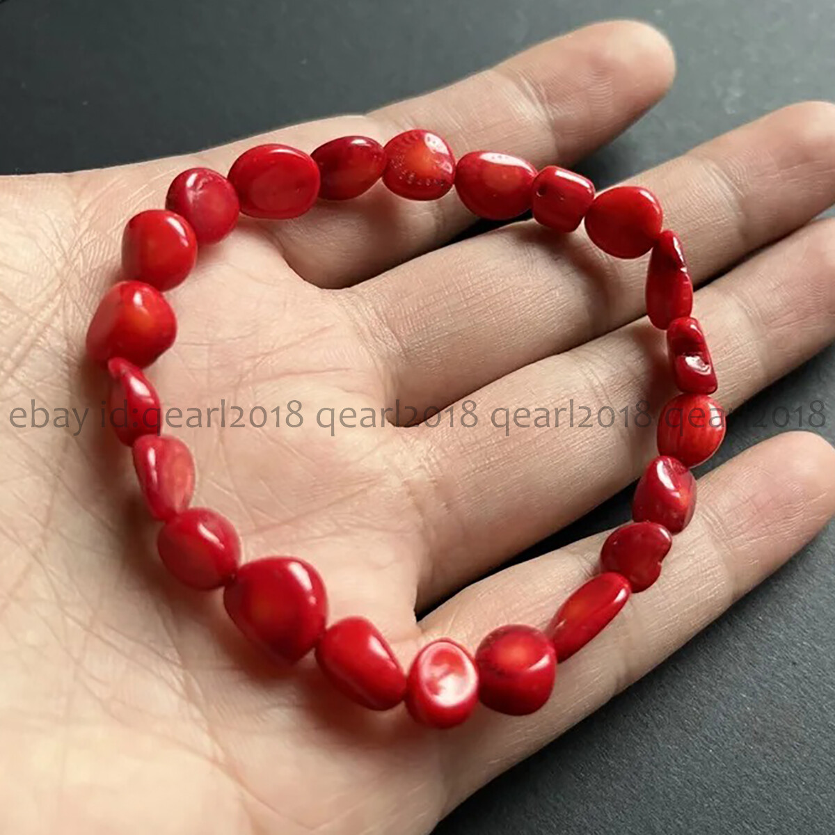 Natural Red Coral Irregular Freeform Beaded Elastic Bracelet 7.5 Inch 5-10mm