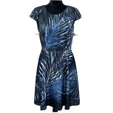 Tahari ASL Dress Women's 8 Black/Blue Rena Fit & Flare Short Sleeves