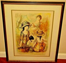 JACQUES LALANDE Original Vintage Signed Female Ladies Picnic Portrait Lithograph
