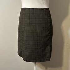 Old Navy Women Brown Plaid Fitted High-Waisted Mini Skirt Front Slit Size 14