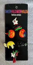 6 VINTAGE HALLOWEEN BUTTON COVERS PUMPKIN GHOST WITCH BLACK CAT MOON NOS