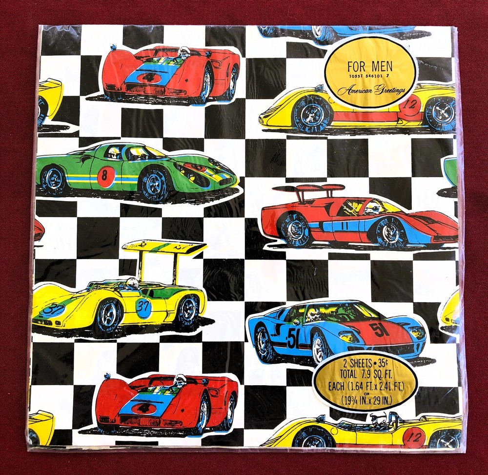 VINTAGE BOYS MENS GIFTWRAP AMERICAN GREETING RACE CARS LE MANS FORMULA ONE INDY