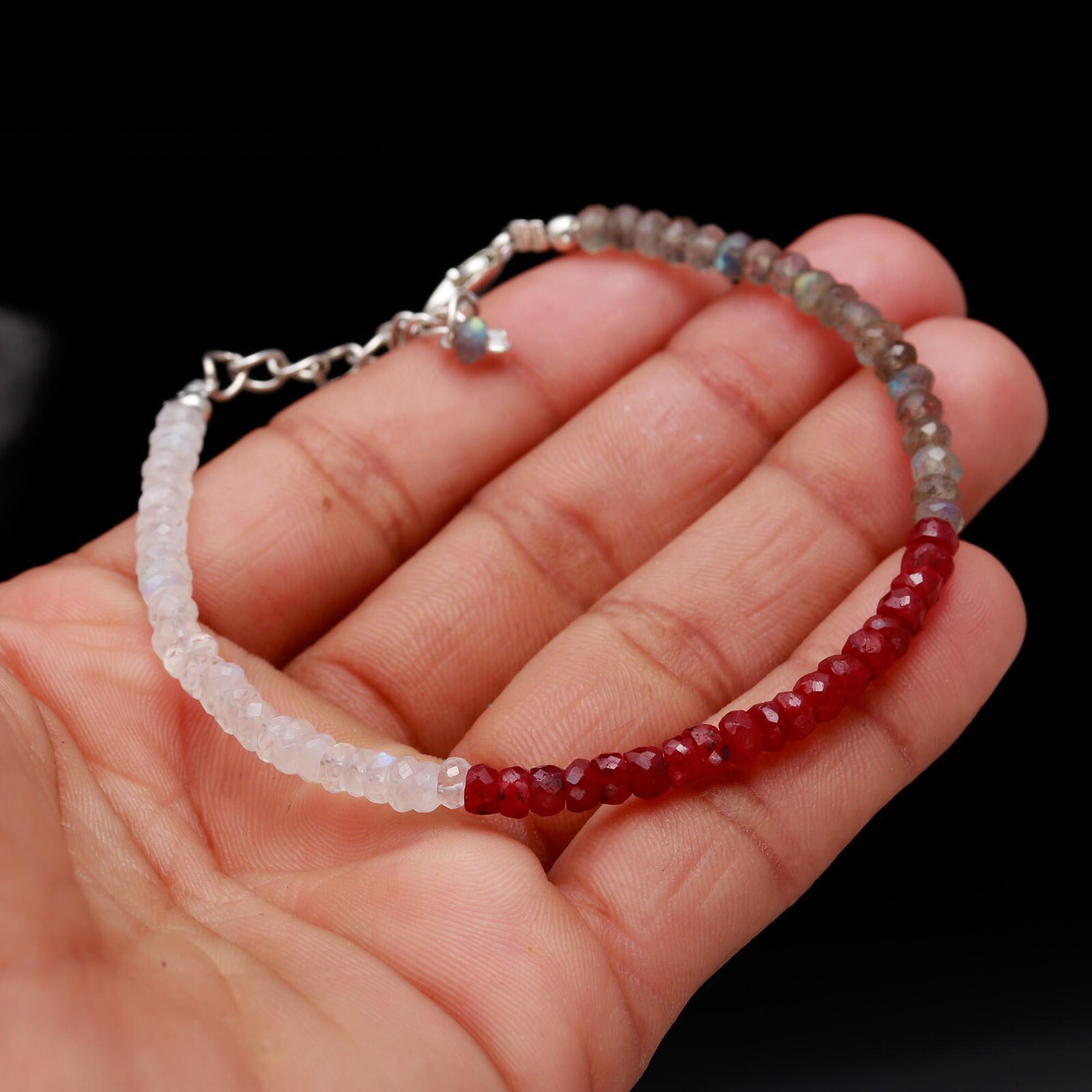 925 Sterling Silver Ruby Rainbow Moonstone Labradorite Bracelet 7 Inch