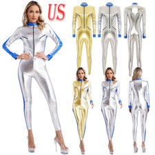 US Womens Shiny Metallic Space Suits Romper Zipper Bodysuit Astronaut Costume
