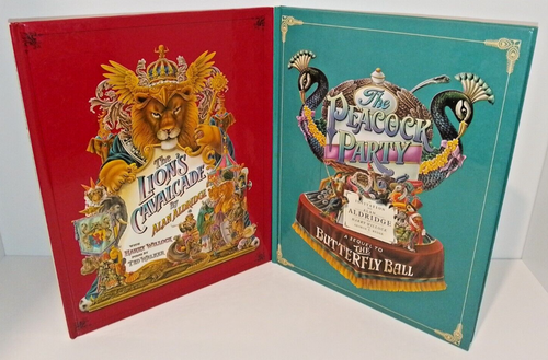 2 x Vintage Alan Aldridge Hardcover Books The Lions Cavalcade and Peacock Party