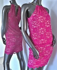 NWT-XSCAPE MAGENTA PINK LACE BLOUSON HALTER CHAIN NECK STRETCH DRESS 6 MSP$179