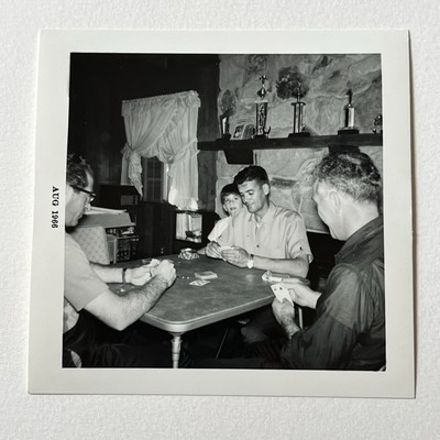 Vintage B&W Snapshot Photograph Men Playing Cards Poker Nostalgia