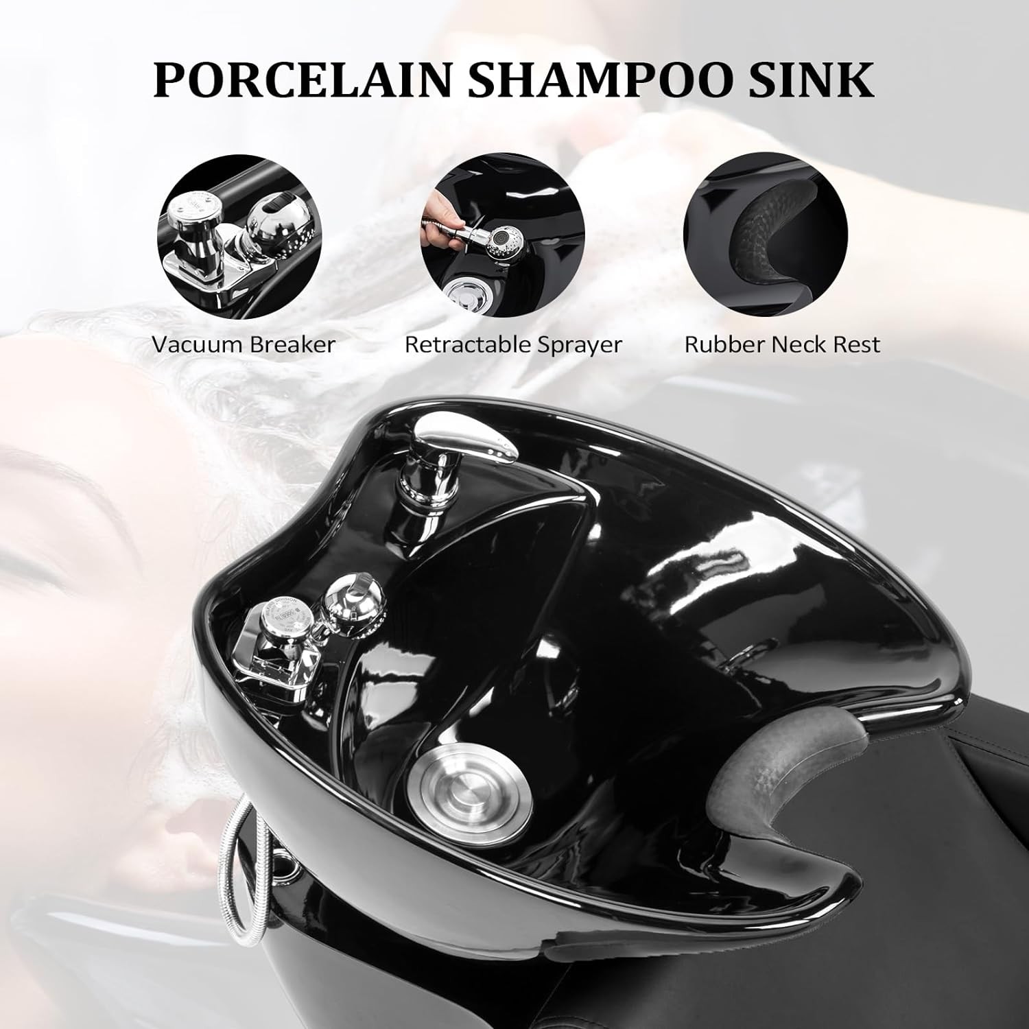 Barber Backwash Shampoo Unit Hair Washing Station with Adjustable Ceramic Bowl