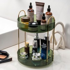Rotating Makeup Organizer Countertop 2 Tier Lazy Susan Trays Clear Skincare P...