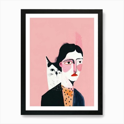 Portrait einer Frau mit Katze Kunst Pr gerahmtes Wandbild Poster Leinwanddruck Bild