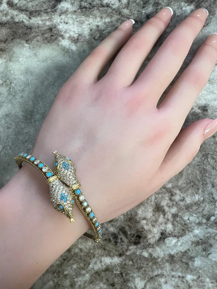 Turquoise Diamond 14K Gold on SOLID 925 Victorian Rev Snake Bracelet Genuine - Image 4 of 4