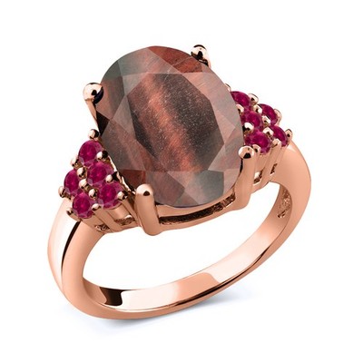 4.50 Ct Oval Red Tiger Eye Red Created Ruby 18K Rose Gold Plated Silver Ring