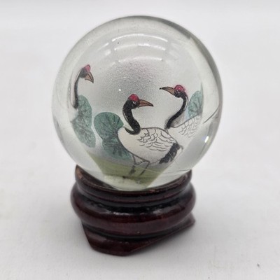 Vintage Reverse Hand Painted Cranes Revolving Sphere Ball Paperweight on Stand
