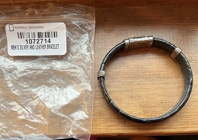 National Geographic Men's Silver & Crocodile Leather Bangle Bracelet