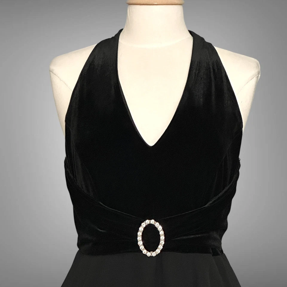 VTG Jessica Howard Womens Dress 12 Black Velvet Halter Tiered Ruffle Whimsigoth - Image 3 of 4