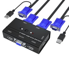 1 PC 2 Port USB VGA KVM Switch With 2 Cables 3 Hubs For 2 Computers Monitor