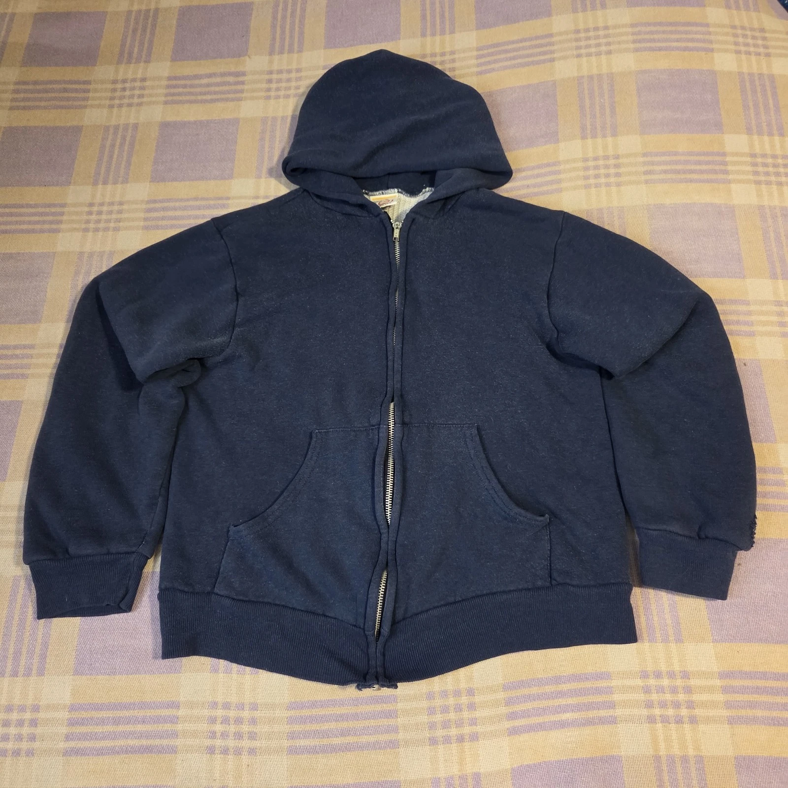 Vtg 60s 70s Thermal Lined Zip Up Blue Distressed Faded Hoodie Small Double Face