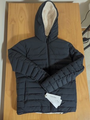 Calvin Klein Women's Grey Full Zip Down Puffer Fleece Rain Coat Jacket Small S 