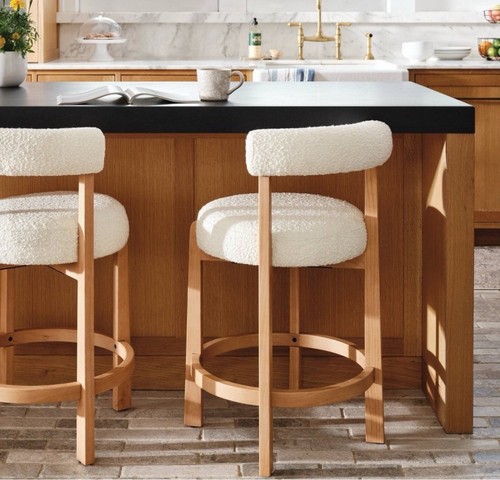 Taburete de bar escultural tapizado y madera con mostrador de madera crema - - Imagen 8 de 10