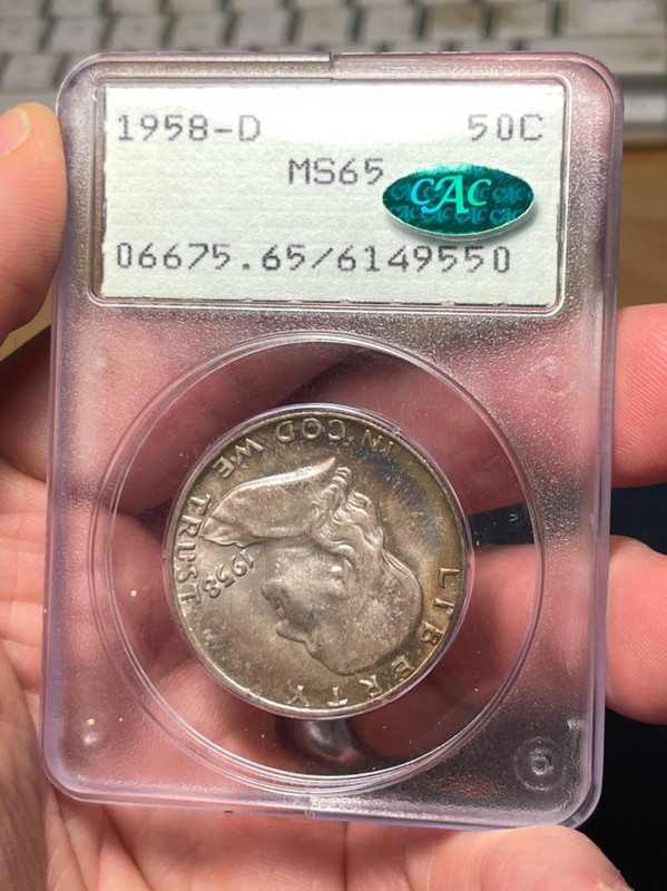 (#102391) Franklin Half: 1958 D PCGS MS 65 CAC Gen 1.2  clearly FBL (see video!)