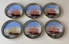 6 x  Vintage Chrome Metal & Glass Stacking Coasters Painted Sailing Ship Picture