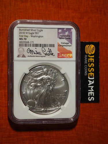 2018 W BURNISHED SILVER EAGLE NGC MS70 FDI MIKE CASTLE SIGNED WASHINGTON LABEL