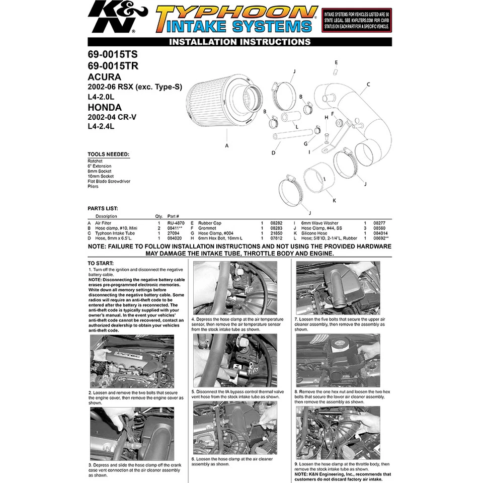 Kit de admisión de aire frío K&N 69-0015TS para Acura RSX 2002-2006 2,0 L / 02-04 CR-V 2,4 L Foto 4 de 4