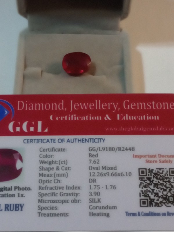 NATURAL EARTHMINED GGL CERTIFIED GEM TESTED HEATED OVAL RED RUBY 7.62 CTS.