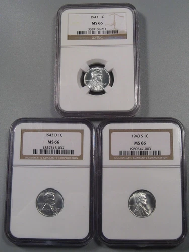 All 3 Mints BU GEM 1943 Steel Lincoln Penny Cents P-D-S NGC MS66.  #2