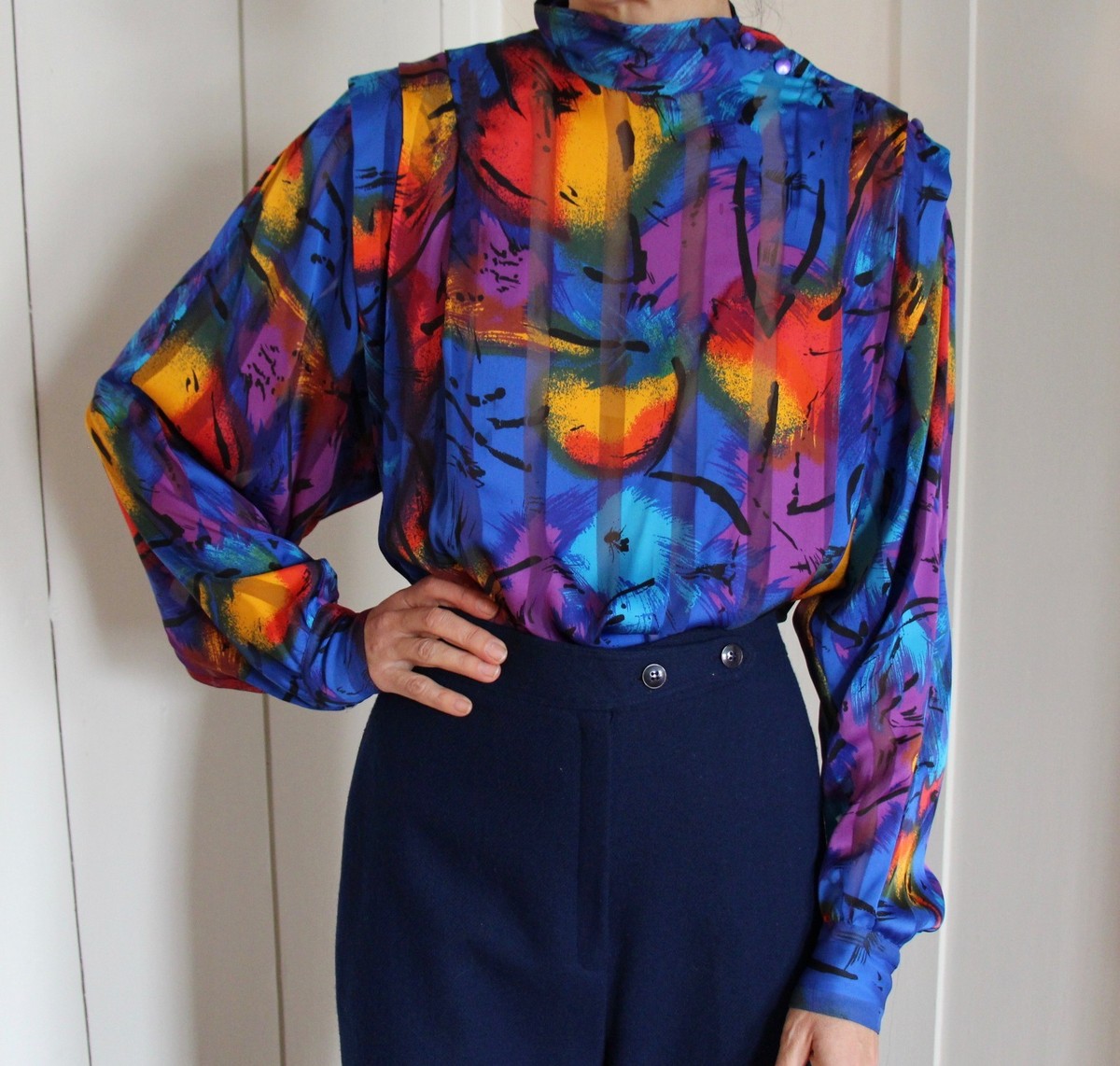 Vintage 80s Graphic Print Blouse Sheer Panels Pleated Small Medium 