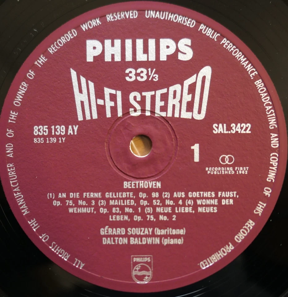 SAL 3422 ED1 Beethoven Brahms Lieder Gerard Souzay NM Philips HI-FI STEREO 1st - Image 3 of 4