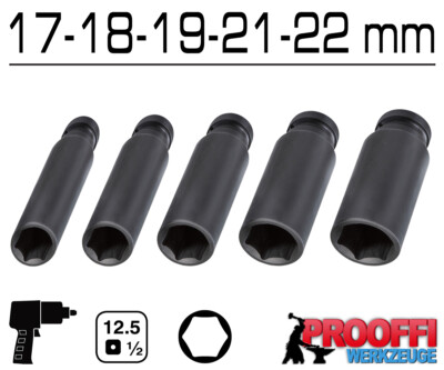 5x KRAFT Power Schlagschrauber Nuss 1/2'' Stecknuss 17 18 19 21 22 mm 6-Kant Lang