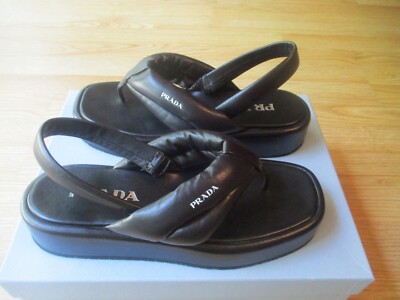 $875 Prada Thong Platform Slingback Logo Lambskin Black Sandals 39.5 US 9.5 NEW