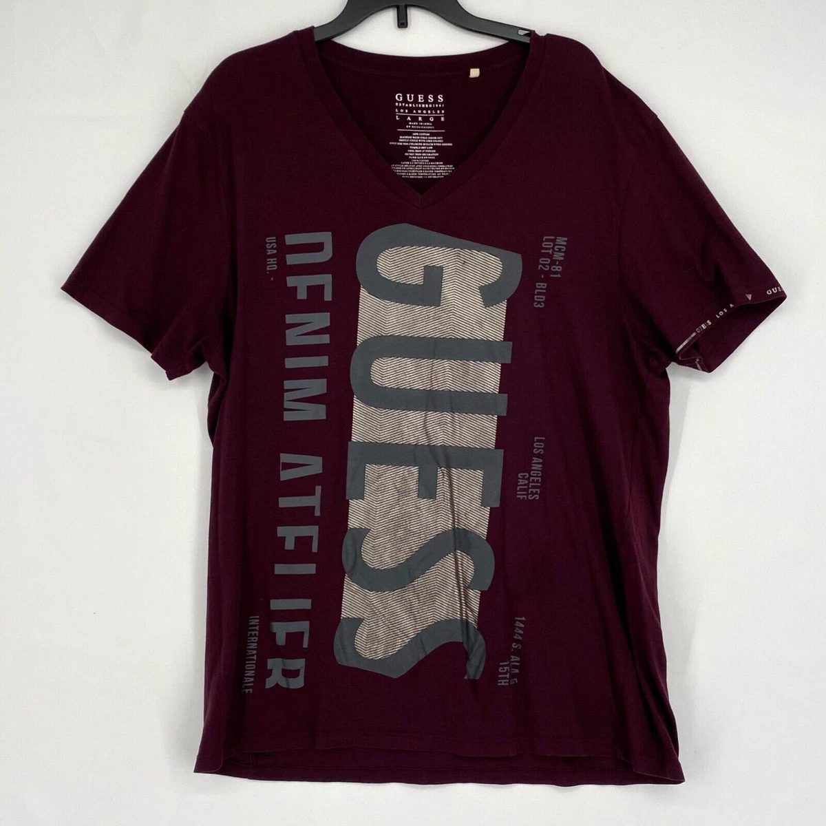 Guess Young Mens Size Large V Neck Graphic T Shirt Maroon Purple Short Sleeves