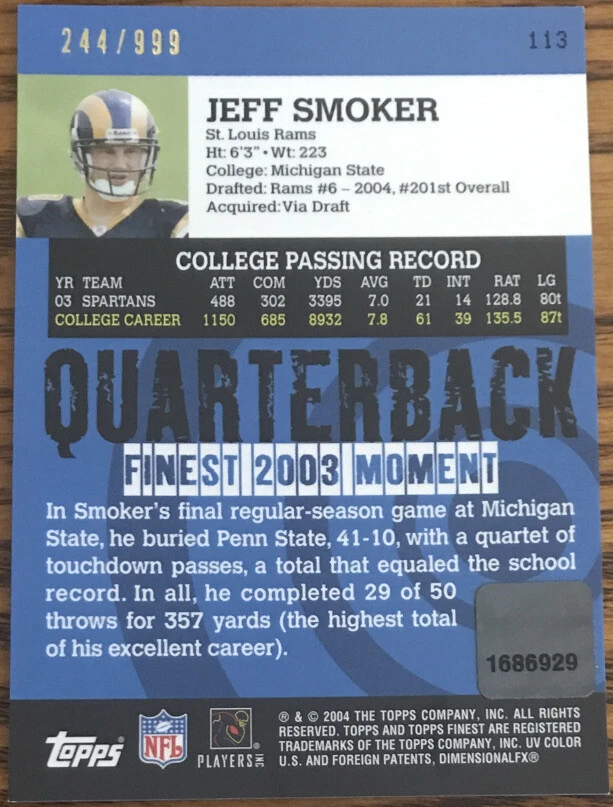 2004 Topps Finest Rookie Autograph Jeff Smoker #113 St.Louis Rams #’d 244/999 - Image 2 of 2