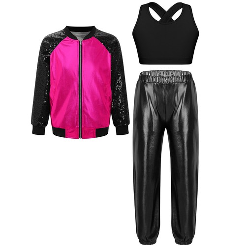 Kids Girls 3Pcs Set Metallic Dancewear Party Wear Dance Outfits Performance - Picture 46 of 63