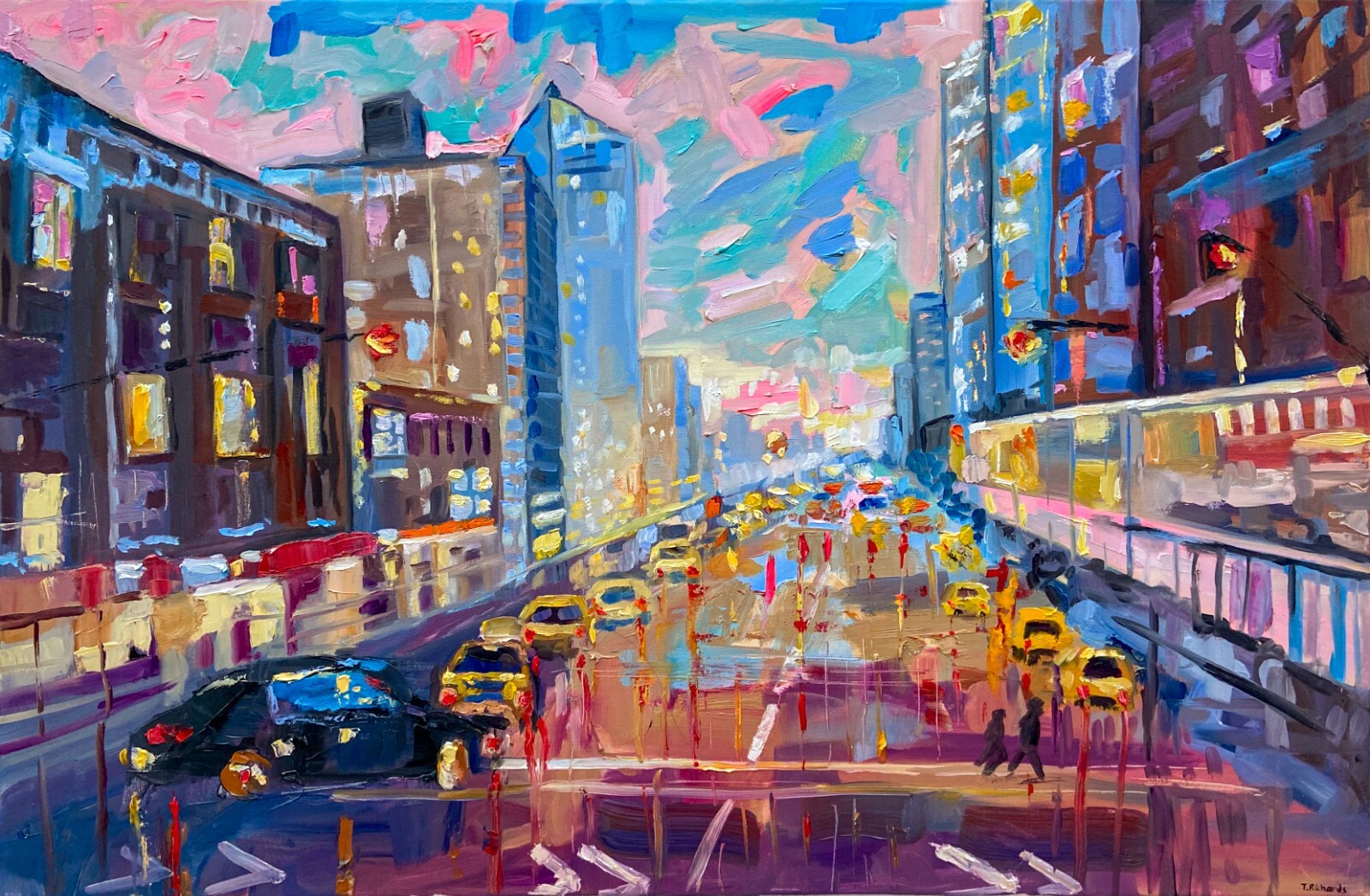 ORIGINAL oil painting New York Rain night city wall art Cityscape artwork 24x36"