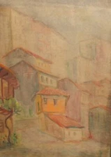 Antique realist watercolor painting landscape of a village