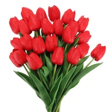 24Pcs Fake Tulips Artificial Flowers PU Artificial Tulips Real Touch Red