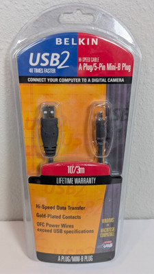Belkin USB 2.0 Cable 10ft A to Mini-B Hi-Speed Gold Contacts Digital Camera New