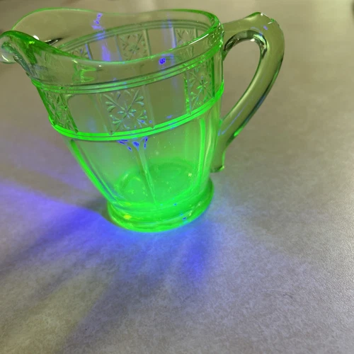 Green Depression Glass Creamer, Doric Pattern, Uranium Rare