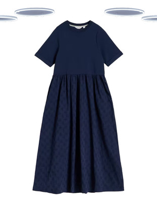 Ex White Stuff Damen Midikleid - Vera Broderie Kurzarm Jersey Navy