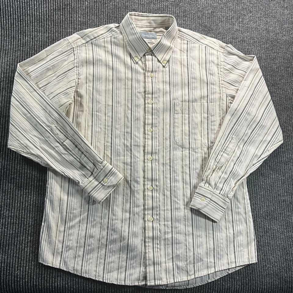 迪奥衬衫男式 16.5 大号灰色条纹纽扣长袖意大利 — 第 3/4 张图片