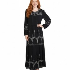 Knox Rose Maxi Dress Womens L Black Embroidered Long Sleeve Tiered Bohemian Goth