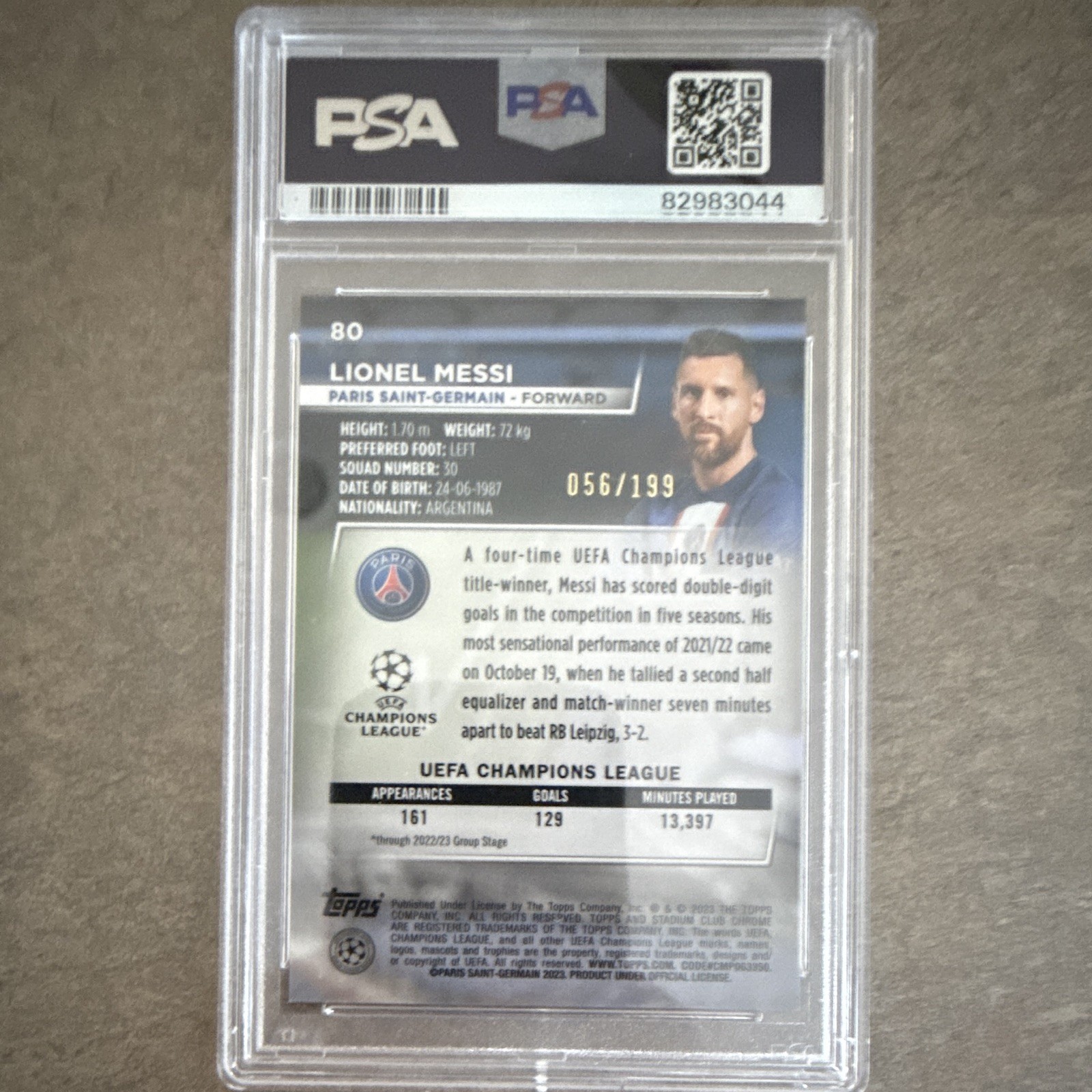 Topps Stadium Club Chrome UCC Lionel Messi #80 Night Vision Prism /199 PSA 10 view 2