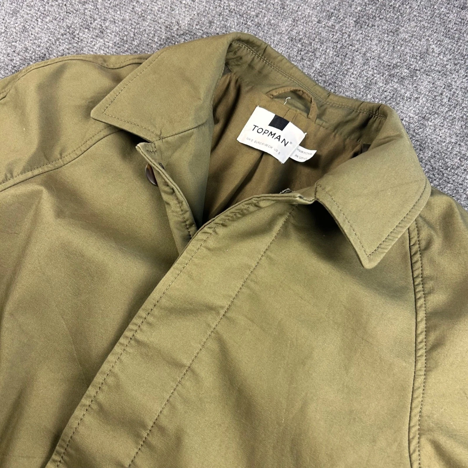 Topman Mens Olive Green Khaki Car Coat Jacket Size Small Hidden Button Placket - product detail image 2
