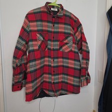Vintage Sears Mens Quilted Flannel Shirt Jacket Red Green Plaid Large Cotton